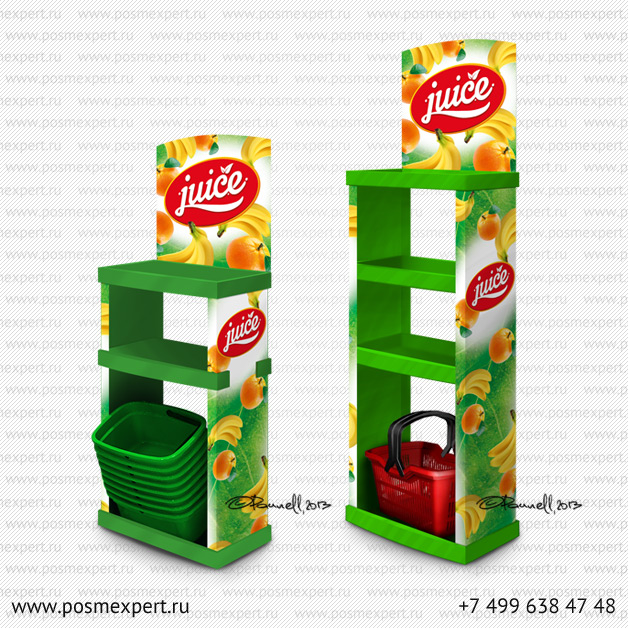 Два варианта литых рекламных стоек из пластика для размещения сока в прикассовой зоне.